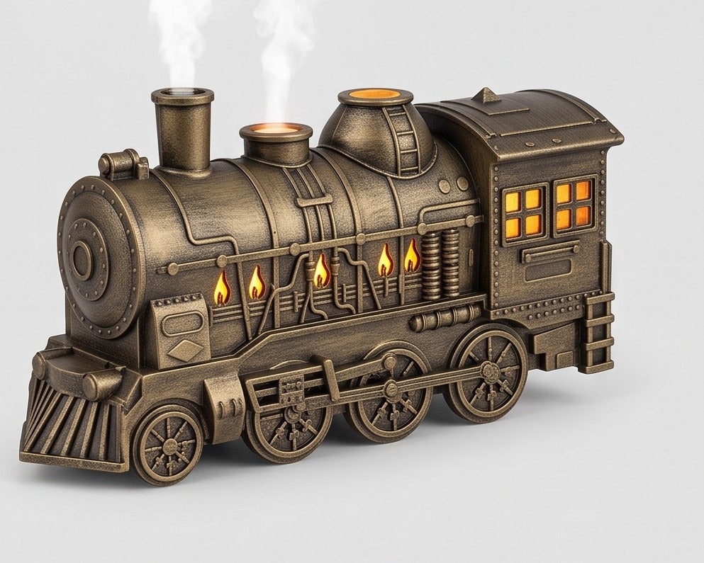 The Midnight Express steam train diffuser in antique bronze with mist rising from its chimneys